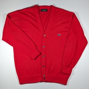 Vintage Izod Lacoste Cardigan Red Sweater Blue Alligator Size Medium Orlon